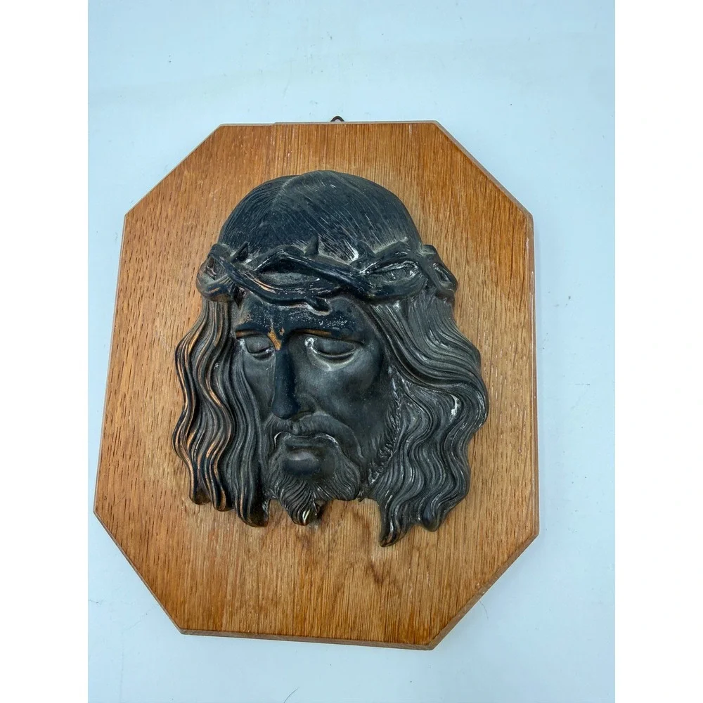 Jesus Wall Plaque Religious Brown Metal Relief Wood Octagon Decor 7
